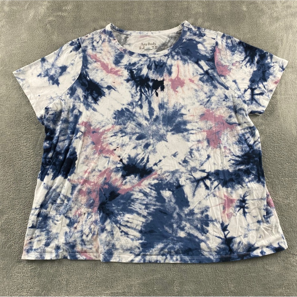 AnyBody Womens 2X Tie Dye Short Sleeve T-Shirt Blue Pink White Crew Neck Cotton